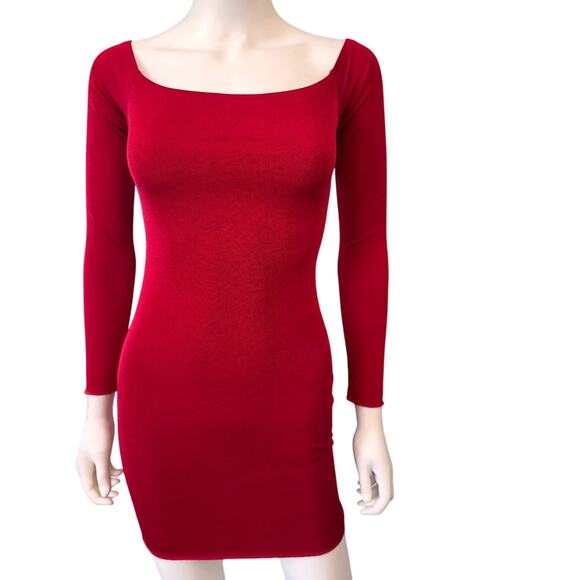 Naked Wardrobe Women’s Red Square Neck Long Sleeve Bodycon Mini Dress Size M - Picture 1 of 3